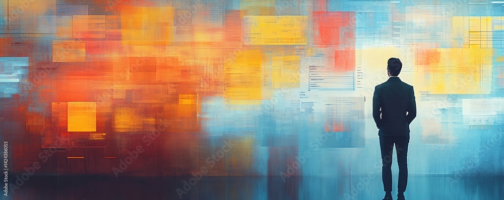 Poster businessman looking at colorful abstract big data visualization