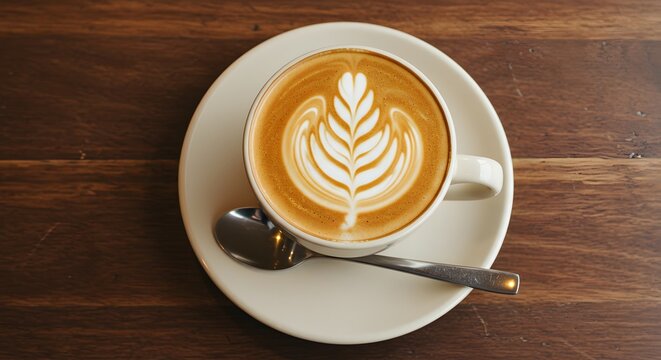 A cup of latte art on a white saucer with a spoon resting on a wooden table surface top view close up shot