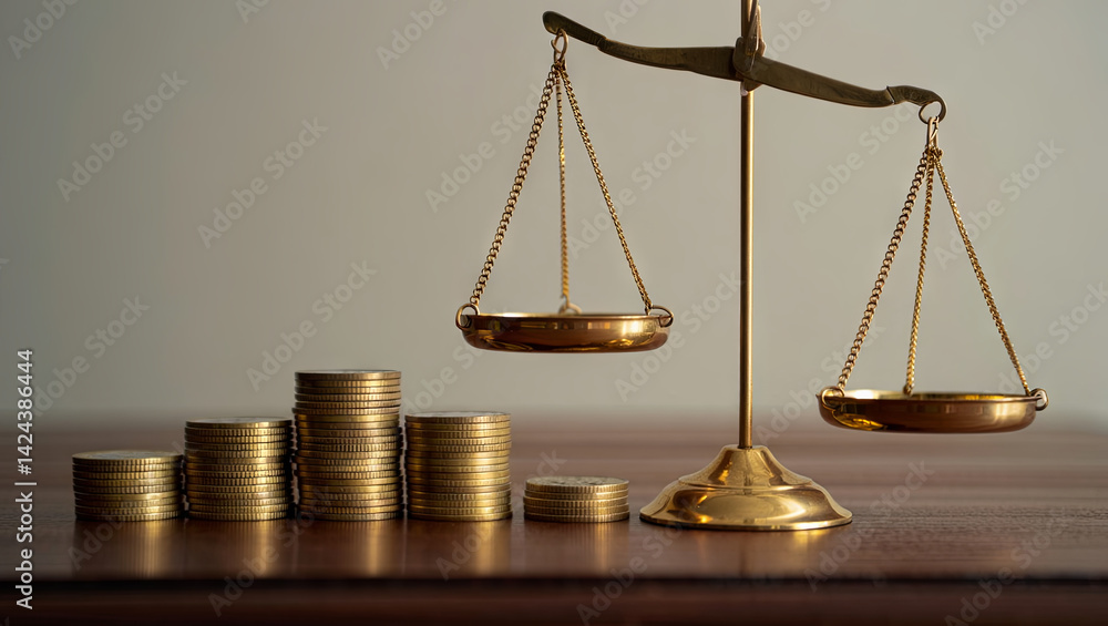 Poster a set of balance scales sits between two stacks of coins, highlighting the principle of equality in 