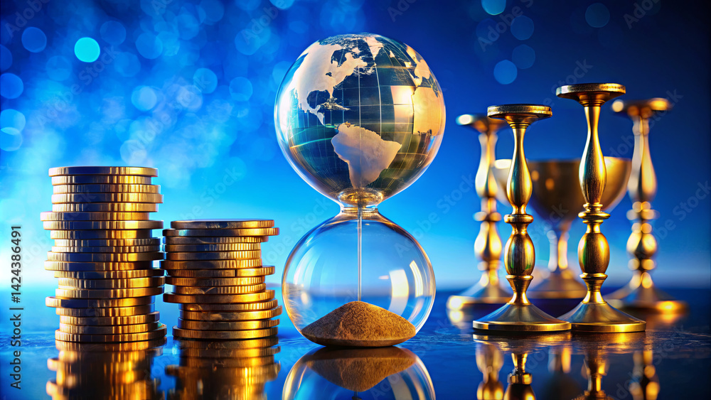 Poster coins are stacked next to a large hourglass filled with sand. the hourglass contains a globe, emphas