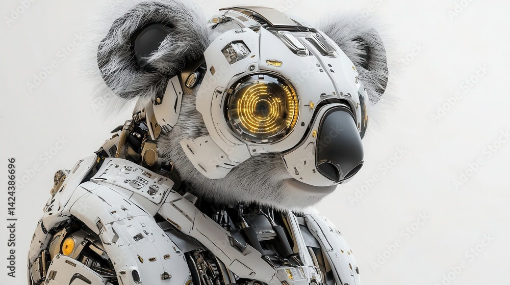 Poster a futuristic koala robot with advanced technological features.
