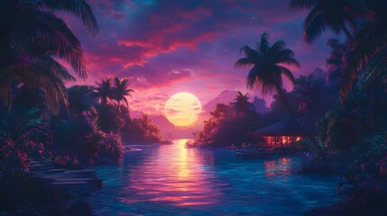 Tropical island paradise at sunset with a vibrant moon.