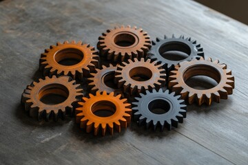 Interlocking gears, rusty orange and black, symbolize teamwork, collaboration, and complex mechanics.