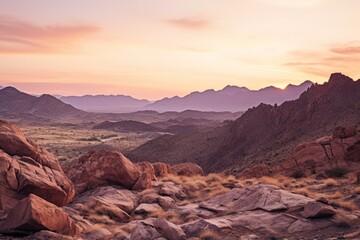 The sun setting over rugged mountain peaks, with soft purples and reds spreading across the horizon