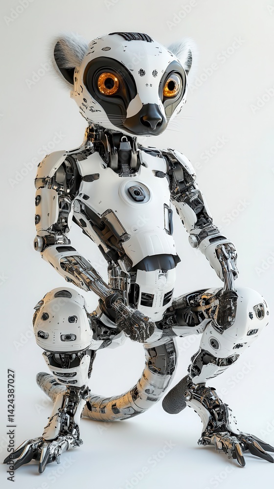 Poster a lemur-like robot with intricate mechanical components.
