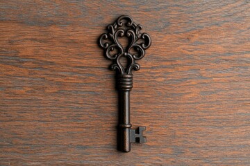 Ornate key on textured wood surface. Dark metal, intricate design, centered