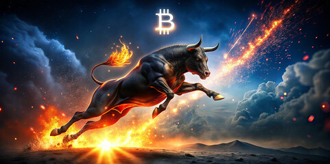 A powerful bull exuberantly leaps amidst flames and smoke, symbolizing an upward trend in digital currency. The backdrop features dramatic clouds and a vibrant energy signifying market excitement