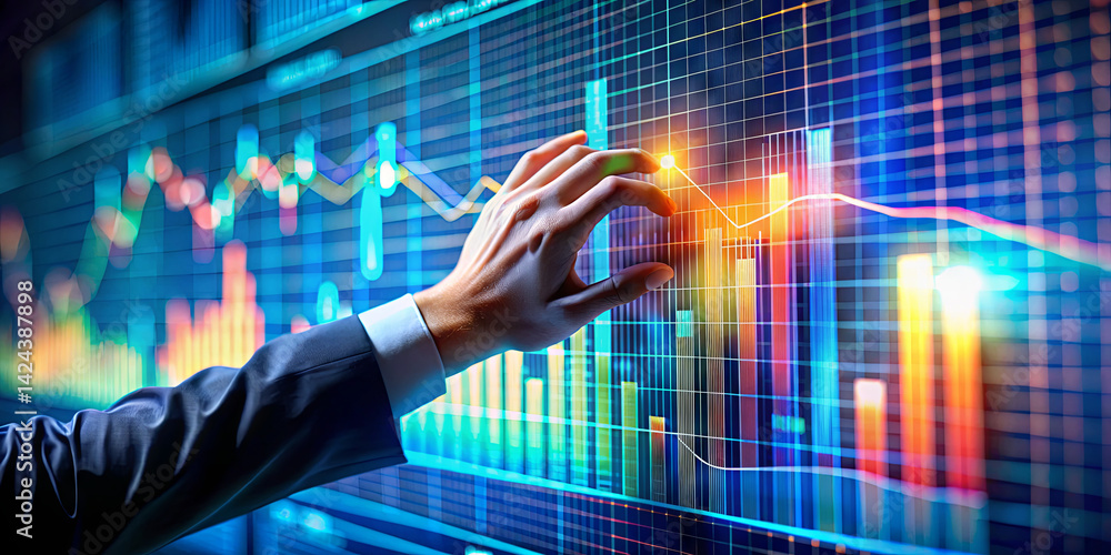 Poster a business professional interacts with an interactive digital display showcasing colorful financial 