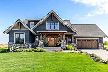 Photo of a craftsman-style home with stone accents, a front porch, and a large wooden door. A garage is visible in the background, surrounded by a green grass lawn. 