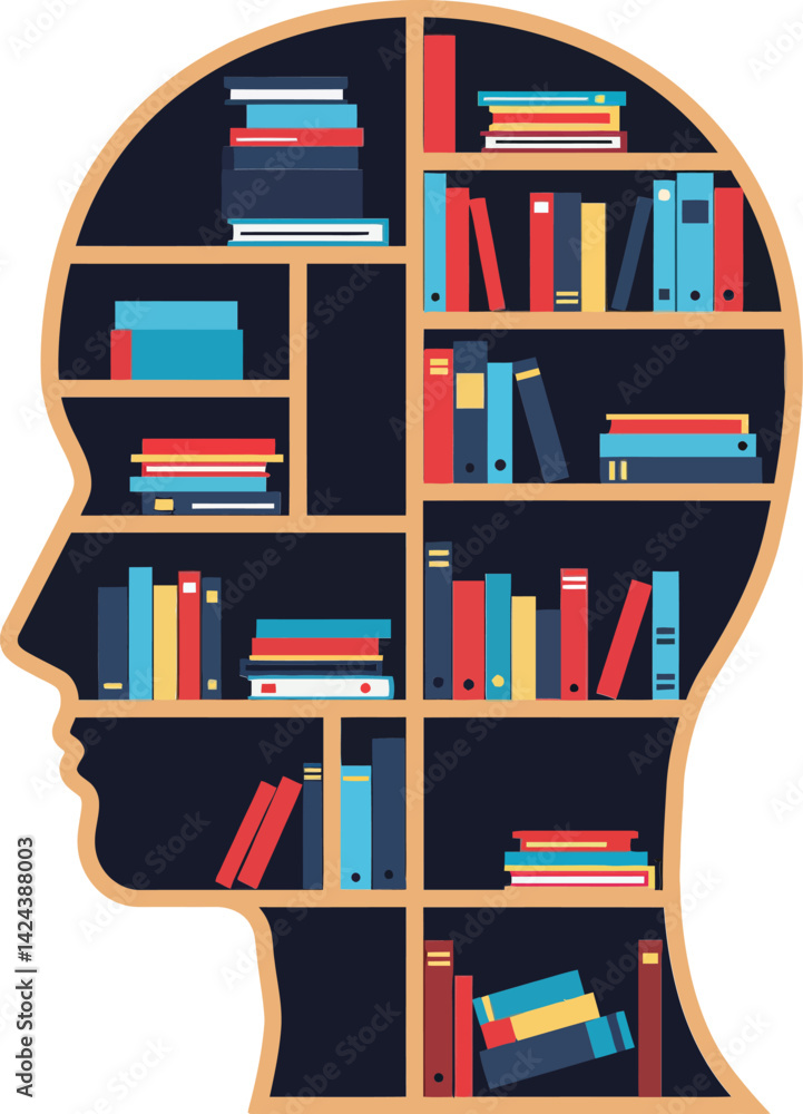 Poster human head bookshelf vector design with colorful books inside creative concept for knowledge and lea