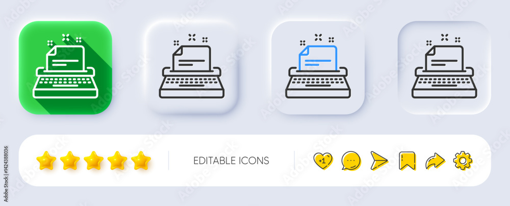 Poster typewriter line icon. neumorphic, flat shadow, 3d buttons. documentation sign. line typewriter icon.