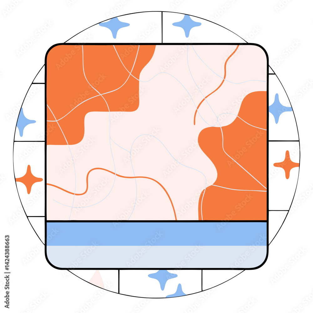 Poster a playful abstract map design with peachy orange and pale pink regions, bordered by a soft blue stri