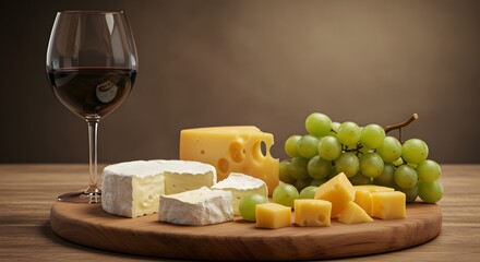 Still life of red wine in glass with cheese and grapes on a wooden board against brown background