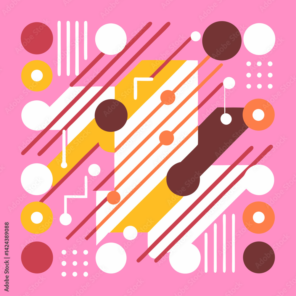 Poster a vibrant explosion of playful shapes and lines dancing across a cheerful pink canvas, creating a dy