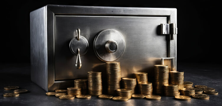 A sturdy metal safe stands prominently, surrounded by stacks of gleaming gold coins. The dark background enhances the feeling of mystery and security surrounding the wealth represented