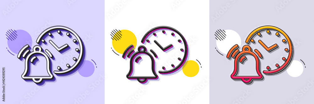 Poster alarm clock bell line icon. halftone dotted pattern. gradient icon with grain shadow. time reminder 