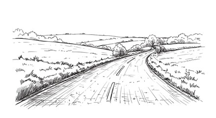 Obraz premium Drawing of Road Through Countryside Landscape with Fields
