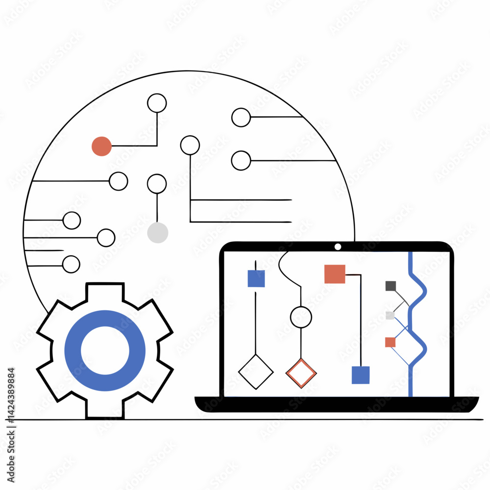 Poster streamlining complex processes with intuitive visual workflows on a laptop, a gear symbolizing effic