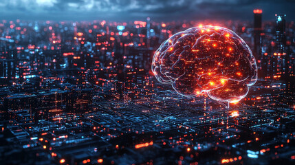 Complex algorithms drive advanced AGI with a glowing robotic brain in a futuristic urban setting featuring an intricate computer system