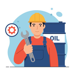 Fototapeta premium Oil industry worker holding wrench with oil barrel and gear icon vector illustration 