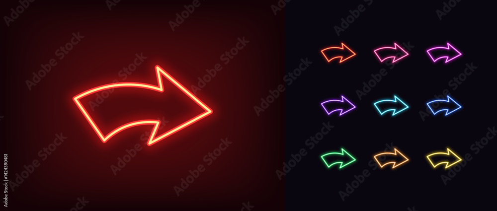 Poster outline neon curved arrow icon. glowing neon bent arrow icon, curved pointer. interface navigation, 