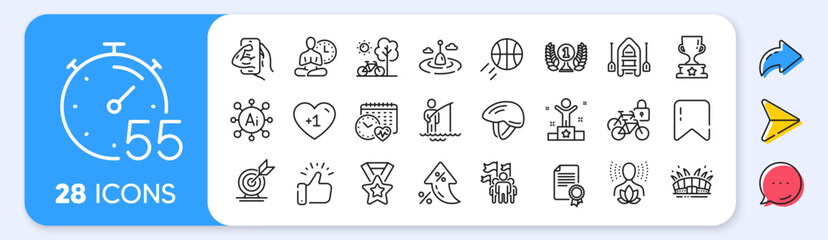 Yoga balance, Bicycle lockers and Fishing float line icons. Interest rate, AI generate, Inflation icons. Pack of Winner cup, Leadership, Fisherman icon. Vector