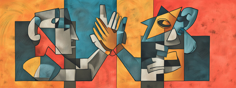 A cubistic impression of two figures performing a high-five, blending vibrant colors and geometric shapes in an artistic style.