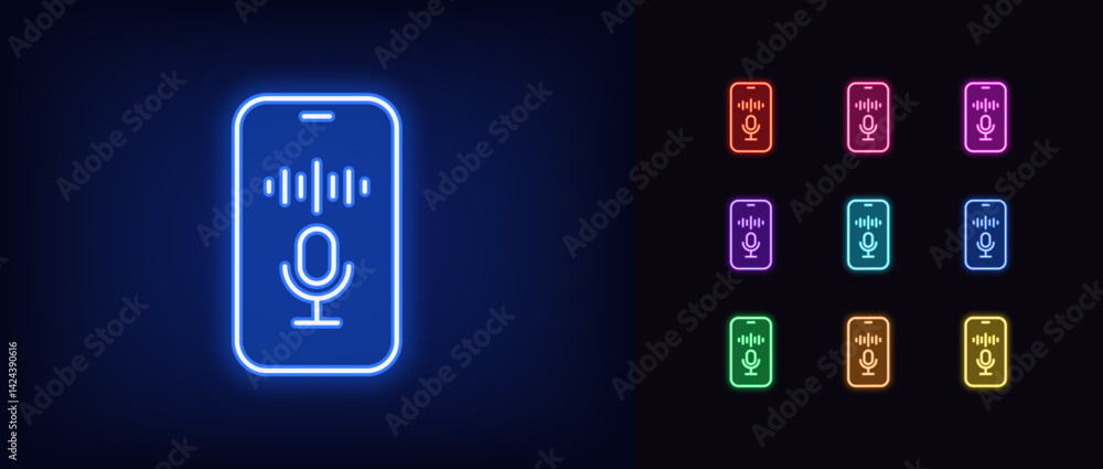Aufkleber outline neon smartphone voice control icon. glowing neon phone screen with microphone icon and sound