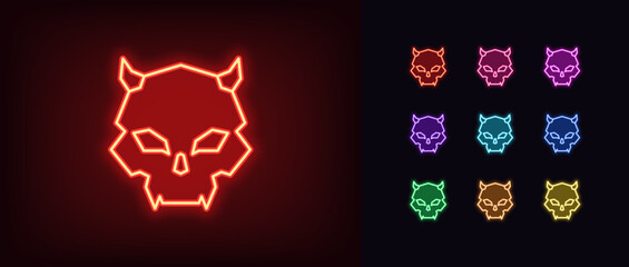 Outline neon demon skull icon. Glowing neon devil skull with horns and fangs, vampire cranium icon. Death face, scary skeleton head, evil, demon emoji, satan skull, monster cranium. Vector icon set