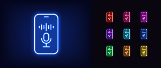Outline neon smartphone voice control icon. Glowing neon phone screen with microphone icon and sound wave, voice activation and search control. Voice assistant, speech recognition. Vector icon set