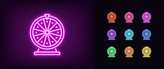 Outline neon fortune wheel icon. Glowing neon lucky spin icon, roulette game. Lucky wheel, lottery game, casino roulette spin, fortune chance bet, win prize reward, free spin bonus. Vector icon set