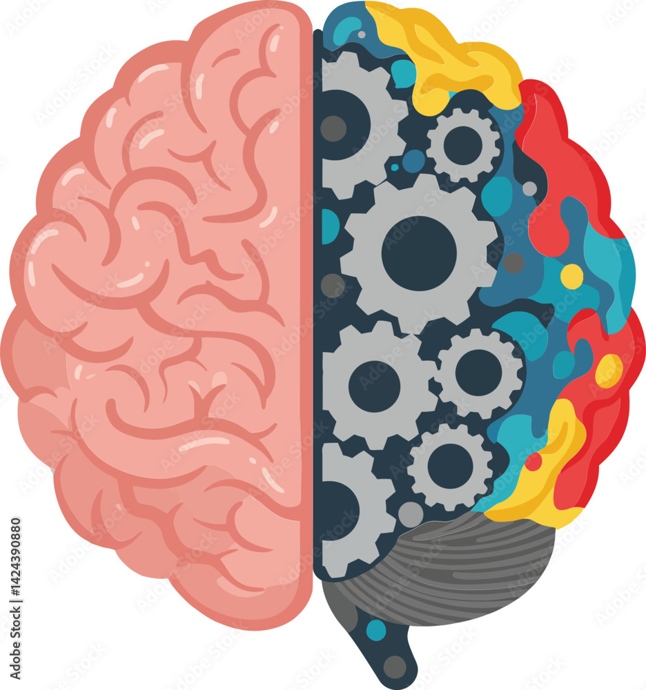 Aufkleber human brain split with mechanical gears and colorful abstract design illustration for creativity and