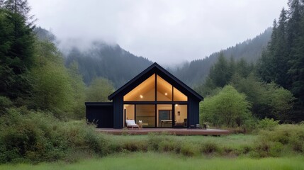 Obraz premium Modern cabin nestled in a lush forest. Tranquil mountain retreat