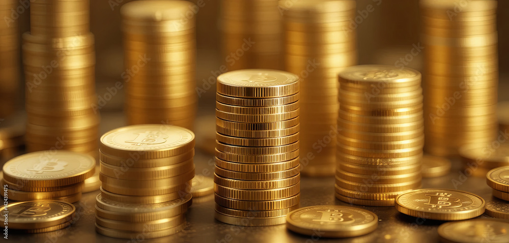 Poster golden coins are meticulously arranged in stacks on a dark surface. soft lighting accentuates their 