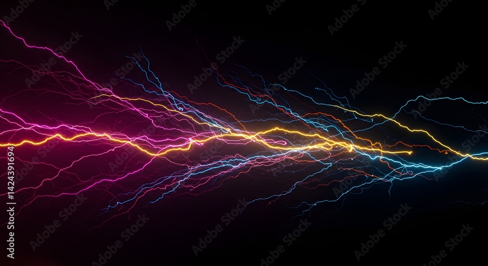 Poster colorful lightning strikes across a dark background creating a dynamic and energetic composition