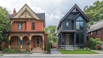 A Victorian-style house with ornate trim and a front porch, sitting beside a sleek modern home in contrast