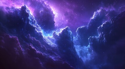 Fototapeta premium Vibrant Cosmic Nebula with Stars, A vibrant cosmic scene with purple and blue nebulae and scattered stars