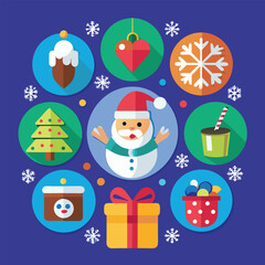 Flat Design Christmas Icons with Santa and Festive Elements