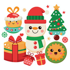Cute Christmas Characters and Festive Elements Illustration