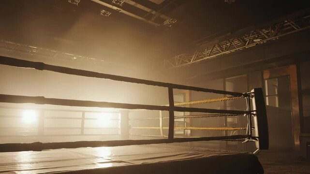Dramatic view of an empty boxing ring bathed in hazy light, showcasing a gritty urban training facility, with metal support beams and ropes.