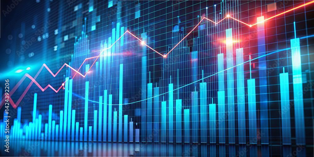 Poster graphs illustrate stock market movements through vivid colors and lighting effects, representing dat