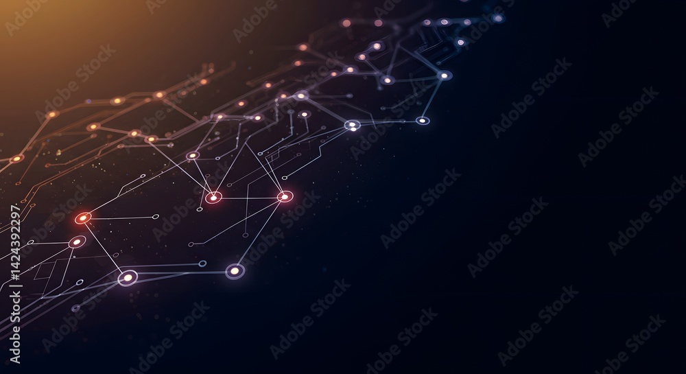Poster abstract network illustration with glowing nodes and connecting lines on a dark background space