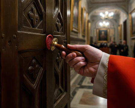 A Cardinal sealing the wooden doors of the Chapel with a wax stamp, marking the start of the secret papal conclave in the Vatican.