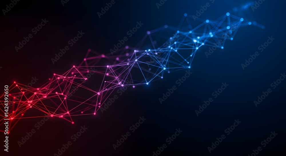 Poster abstract network of connected dots and lines with red and blue gradient on dark background