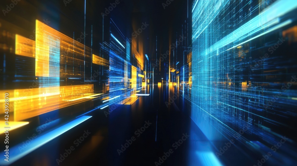 Poster Dynamic digital corridor of glowing blue and yellow lines and blocks suggesting high-speed data transfer. Perfect for futuristic tech, IT networks, and digital communication themes