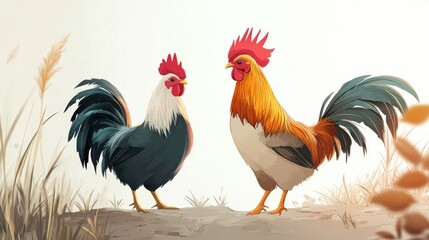 Fototapeta premium Two roosters in a field