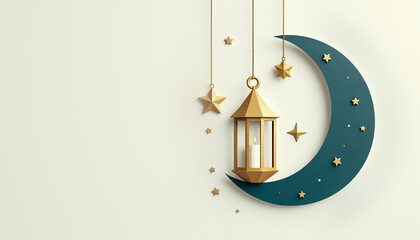 3D render of crescent moon stars and hanging lantern festive design element for Eid al Adha Islamic holiday celebration background