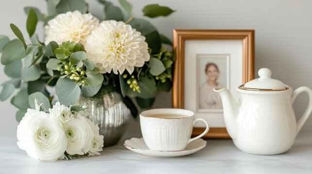 family home decor, sophisticated home celebration for global day of parents with tea, flowers, vintage dcor, pastel colors, and editorial lighting