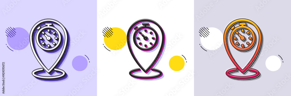 Poster timer line icon. halftone dotted pattern. gradient icon with grain shadow. time sign. location point