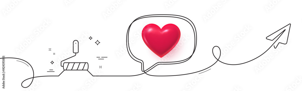Poster paint roller line icon. continuous line with share plane. wall roll brush sign. painter tool symbol.